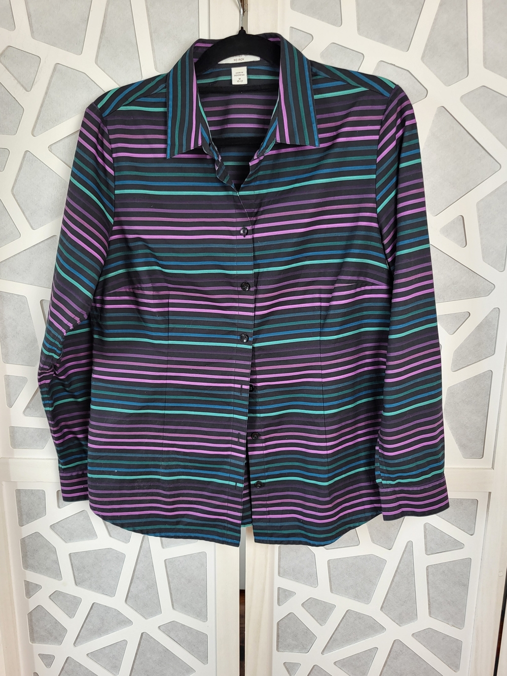 Coldwater Creek Striped Button-Down in Black, Purple & Teal